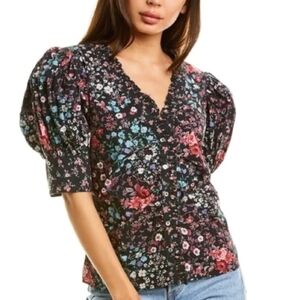LoveShackFancy Top‎ Jules Black Floral Blouse